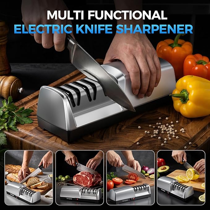Knife Sharpener Electric for Kitchen - 3-Stage Kitchen Knife Sharpener - 15°Precision Angle Guide Knife Sharpeners - Stainless Steel Grinding Head-Portable and Useful-Fast Sharpening, Repair, Polish - Image 7