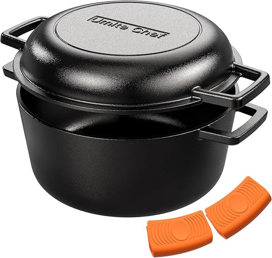 Cast Iron Dutch Oven Pot with Skillet Lid – Pre-Seasoned – Skillet Lid Cooking Pan– PFAS-Free –Umite Chef Cast Iron Skillet Cookware for Bread, Frying, Baking – Dual Handles – Oven, Grill, Campfire & Stovetop Safe – Durable & Non-Toxic, 5QT by UmiteChef