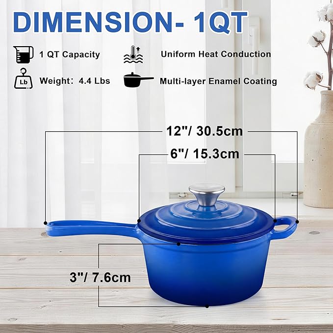 1 Quart Saucepan with Lid, Leonyo Enameled Cast Iron Dutch Oven Pot, Non Stick Small Cooking Pots Kitchen Induction Cookware for All Cooktops Cooking Pasta, Soup, Ramen - Up to 500°F, Dark Blue