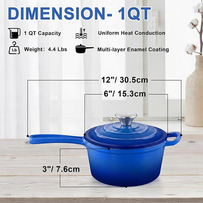 1 Quart Saucepan with Lid, Leonyo Enameled Cast Iron Dutch Oven Pot, Non Stick Small Cooking Pots Kitchen Induction Cookware for All Cooktops Cooking Pasta, Soup, Ramen - Up to 500°F, Dark Blue