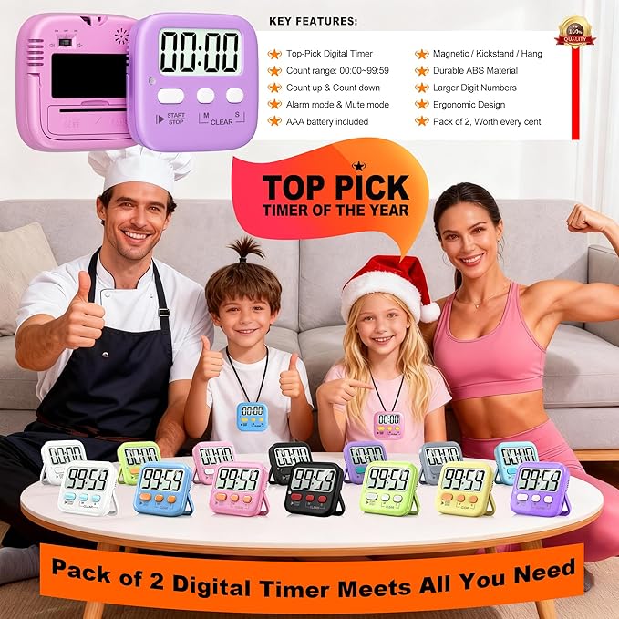Antonki 2 Pack Digital Timer for Kids, Magnetic Countdown Kitchen Timers for Cooking, Egg, Classroom, Teacher, Exercise, Study, Oven - Battery Included - Image 8