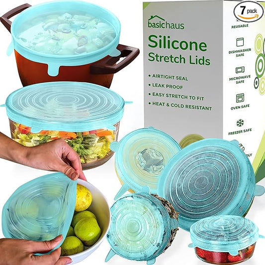 Reusable Silicone Stretch Lids for Food Storage in Fridge - Elastic Heat-Resistant Bowl Covers, Cups, Cans, Jars - Universal Food Grade Lid for Containers - 7 Pack - Light Green Stretchy Lid Set by BasicHaus