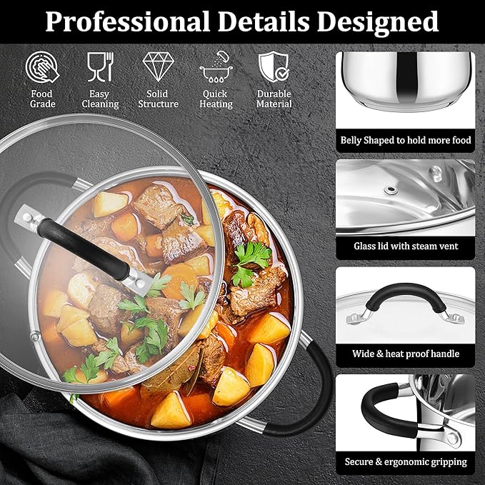 E-far 4 Quart Stockpot, Stainless Steel Pot with Visible Lid for Cooking Soup Pasta, Tri-Ply Thick Base for Induction Gas, Small Cooking Pot with Dual Heat Proof Handles, Non-Toxic & Dishwasher Safe - Image 4
