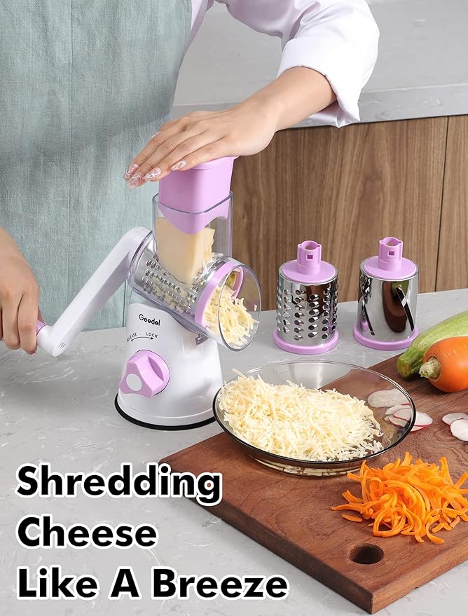 Geedel Rotary Cheese Grater, Kitchen Mandoline Vegetable Slicer with 3 Interchangeable Blades, Easy to Clean Rotary Grater Slicer for Fruit, Vegetables, Nuts - Image 6