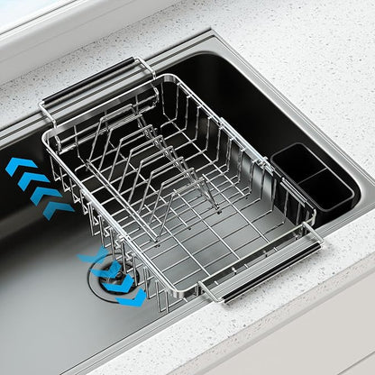 Expandable Over The Sink Dish Drying Rack, Anti-Rust Stainless Steel in Sink Dish Drainer with Cutlery Holder, Counter Space Saving Sturdy Sink Drying Rack for Many Kitchen Drain Task by Dolreiik