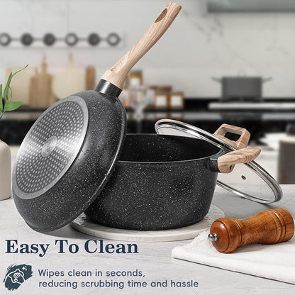 SODAY 12 Pcs Pots and Pans Set Non Stick, Cookware Sets Black Granite Induction Cookware, Non-toxic Healthy Nonstick Kitchen Cooking Set with Frying Pans Set, Saucepans (PFAS/ PFOA/ PFOS Free) - Image 2