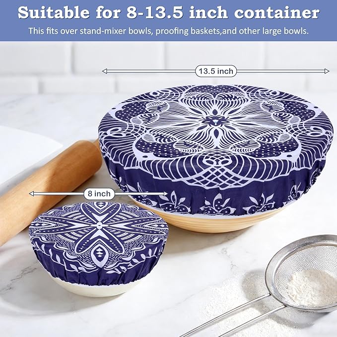 2 Large Reusable Beeswax Bowl Covers for Bread Proofing, 10/12 Inch Elastic Beeswax Wraps Cotton Cloth Sourdough Bowl Covers for Proofing Baskets, Mixer Bowls, Food Storage Containers