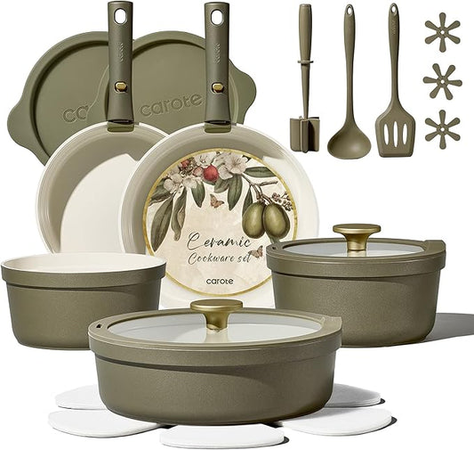 Carote 21pcs Ceramic Cookware Set with Detachable Handles, Pots and Pans Set Non Stick, RV Kitchen Cooking Pot and Pan, Dishwasher Safe, Non-toxic Induction Cookware PFAS and PFOA Free, Olive Green by CAROTE