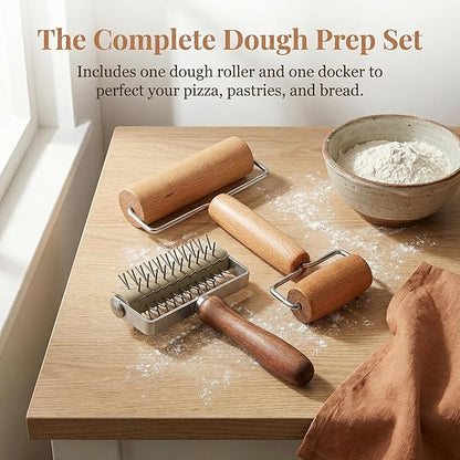 Hiceeden Set of 2 Pizza Dough Roller & Dough Docker, Stainless Steel Dough Hole Maker Puncher Wooden Rolling Pin for Pizza, Cookie, Pie, Pastry, Bread, Crust