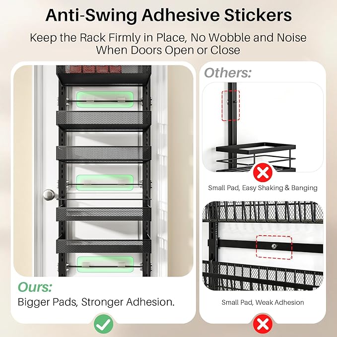 8 Tiers Over the Door Organizer - Height Adjustable Pantry Organizers and Storage with Dense Mesh Baskets, Anti-Swing Hanging Door Spice Rack for Kitchen Bathroom (Black, 12.3"W x 4.7"D x 69"H) - Image 8