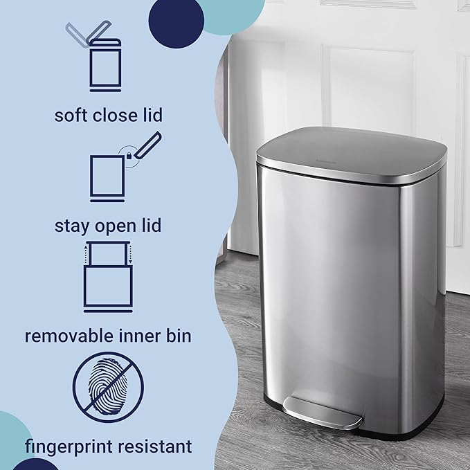 happimess HPM1006A Connor Rectangular 13-Gallon Trash Can with Soft-Close Lid and Free Mini Trash Can, Fingerprint Resistant, Modern, Minimalistic for Home, Kitchen, Office, Bathroom, Steel - Image 3