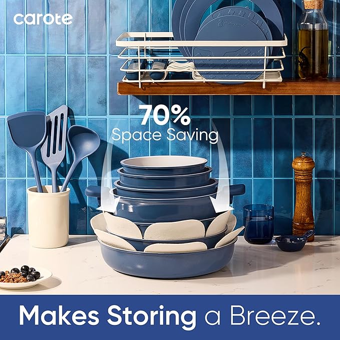 CAROTE 27pcs Ceramic Cookware Set Nonstick, Pots and Pans Set Non Stick, Non Toxic Cookware Detachable Handles, Dishwasher/Oven Safe, RV/Camping Cookware, Pan and Pot with Kitchen Utensils, Navy Blue - Image 4