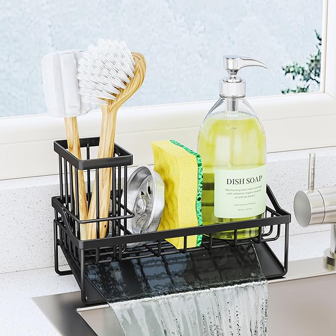 SWTYMIKI Sink Caddy Sponge Holder - Kitchen Sink Organizer with Stainless Steel Self Drain Tray & High Brush Holder for Countertop to Hold Dish Soaps and Sponges, Stainless Steel, Black by SwtyMiki-TidyHomeSweetLife