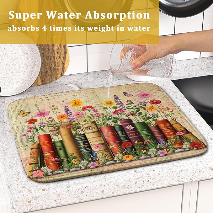 Colorful Books Kitchen Drying Mat - Watercolor Floral Drying Matt Kitchen Counter 16 X 18 In - Image 7