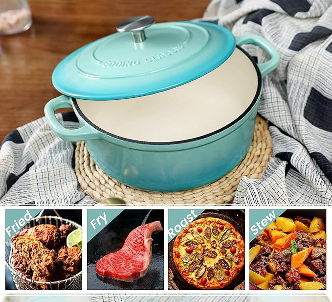 EDGING CASTING Enameled Cast Iron Covered 5.5 Quart Dutch Oven with Dual Handle for Bread Baking, Dutch Ovens with Lid, Peacock Blue - Image 6