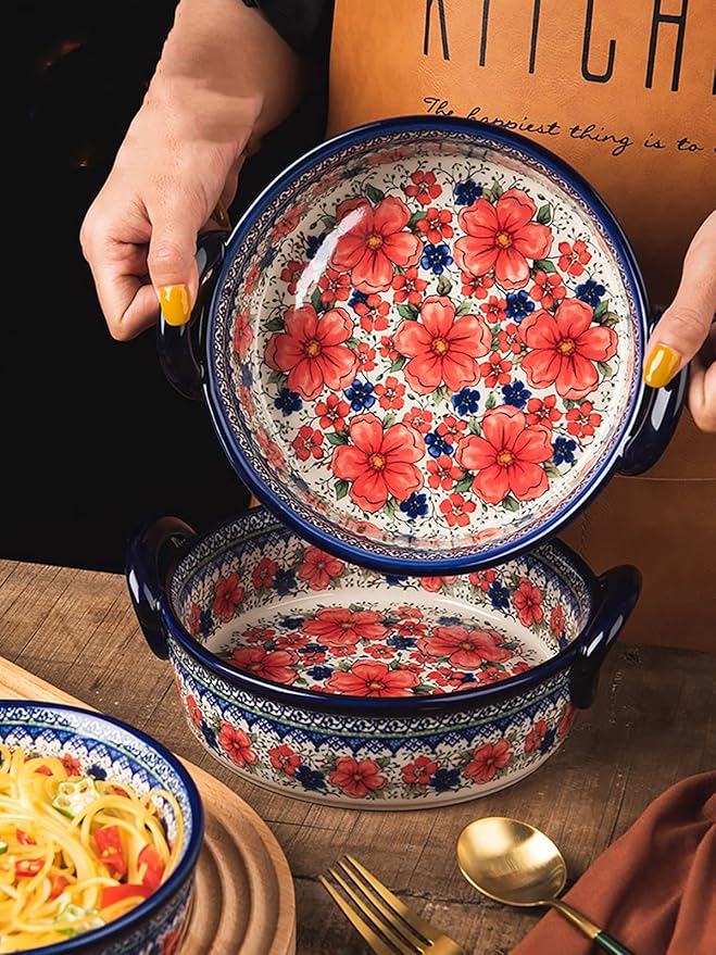 Vintage Style Cherry Blossom Flowers Pottery Bakeware Ceramic Casserole Dish Baking Pan Lasagna Pans Baking Dish with Handles for Oven to Table-1 PCS, 32 oz - Image 3