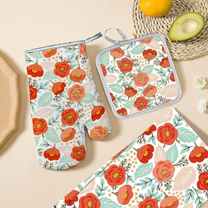 3 Pcs Kitchen Stuff, Kitchen Oven Mitts and Pot Holders Sets with Microfiber Wild Floral Kitchen Towels, Kitchen Accessories,Gifts for Women