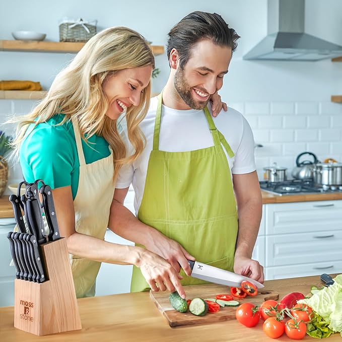 Moss & Stone 14 Pcs Knife Block Set Stainless Steel, Premium Forged Kitchen Knives Set with High-Carbon Blades, Ergonomic Handle, Sharp Blade, Rust Resistant, Modern Style for Home & Chef, Black - Image 6