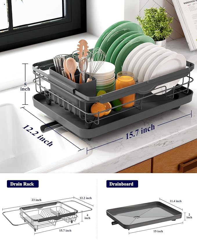 Kitsure Dish Drying Rack for Kitchen Counter, Stainless Steel Sink Organization and Storage Essentials with Cutlery Holder, Home and Appartment Decor, 12.2''W x 15.7''~23''L, Grey - Image 2