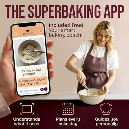 Superbaking Danish Dough Whisk - 12" Bread Whisk for Dough Mixing - Single Eye Design Sourdough Whisk - Sourdough Bread Baking Supplies - Bread Making Tools and Accessories - Ergonomic Stainless Steel
