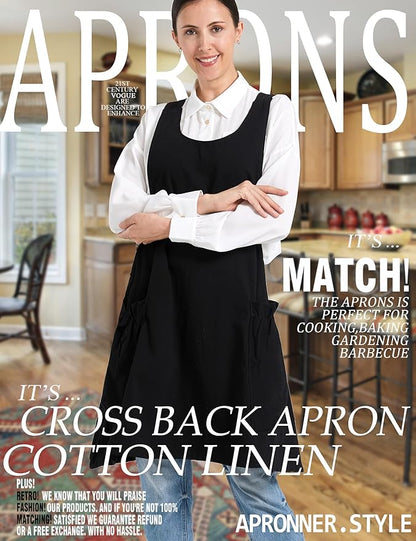 Cozy Adjustable Cross Back Aprons for Women with Pockets Cotton Linen Cooking Kitchen Baking