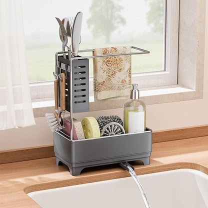 MOUKABAL Sponge Holder for Kitchen Sink, 2-Tier Sink Caddy Organizer with Drain Holes and Hooks, Holds Dishcloth, Sponge & Brushes, Kitchen Countertop Storage for New Home Essentials Grey - Image 7