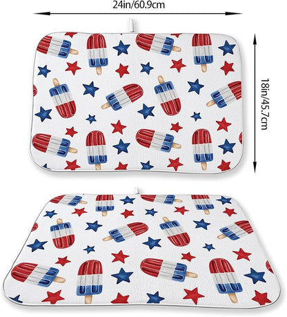 4th of July Dish Drying Mat 18x24 Inch Blue Red Ice Cream Stars Patriotic Drying Mat Independence Day Memorial Day Absorbent Dish Drying Pad Dish Rack Drainer Mats for Kitchen Dining Counter