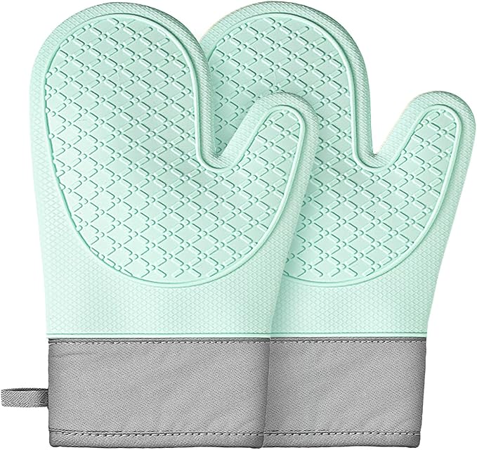 Silicone Oven Mitts (2 PCS), Waterproof Non Slip Grip Oven Gloves with Thick Soft Cotton Lining, Universal Fit Heat Resistant Kitchen Gloves for Baking, BBQ, Cooking and Grilling-Green