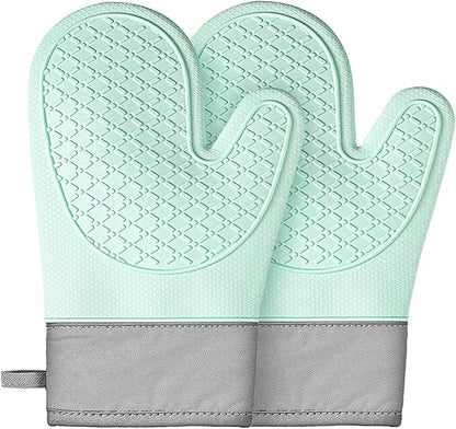 Silicone Oven Mitts (2 PCS), Waterproof Non Slip Grip Oven Gloves with Thick Soft Cotton Lining, Universal Fit Heat Resistant Kitchen Gloves for Baking, BBQ, Cooking and Grilling-Green