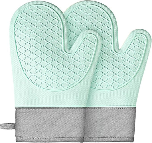Silicone Oven Mitts (2 PCS), Waterproof Non Slip Grip Oven Gloves with Thick Soft Cotton Lining, Universal Fit Heat Resistant Kitchen Gloves for Baking, BBQ, Cooking and Grilling-Green