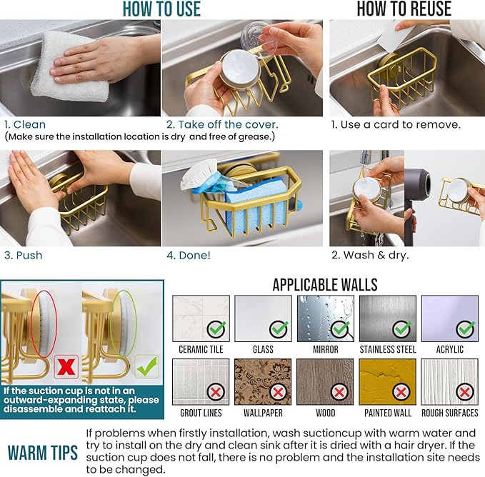 TAILI Sponge Holder for Kitchen Sink with Strong Suction Cup Removable, Rustproof Aluminum Sink Caddy for Sponge, Brush, Scrubber, Scraper -Gold - Image 7