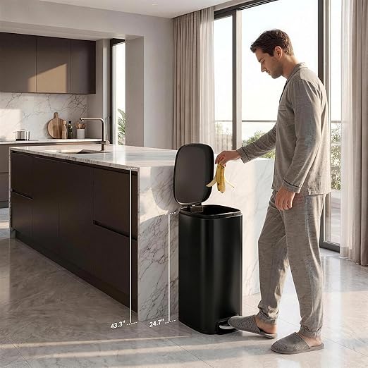 Garvee 13 Gallon Slim Kitchen Trash Can, Narrow Stainless Steel Step-On Pedal Garbage Can with Soft Close Lid, Removable Inner Bucket, Space-Saving Trash Bin for Kitchen, Bathroom, Office, Black