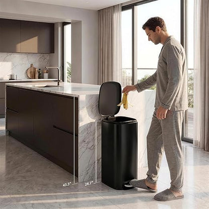 Garvee 13 Gallon Slim Kitchen Trash Can, Narrow Stainless Steel Step-On Pedal Garbage Can with Soft Close Lid, Removable Inner Bucket, Space-Saving Trash Bin for Kitchen, Bathroom, Office, Black