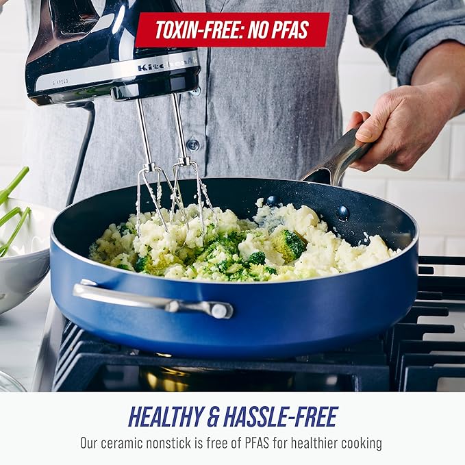 Blue Diamond 5QT Saute Pan with Lid, Non Toxic PFAS-Free Diamond Ceramic Nonstick, Dishwasher & Oven Safe, Metal Utensil Safe, Deep Jumbo Cooker Skillet with Helper Handle, Glass Lid, Blue - Image 4