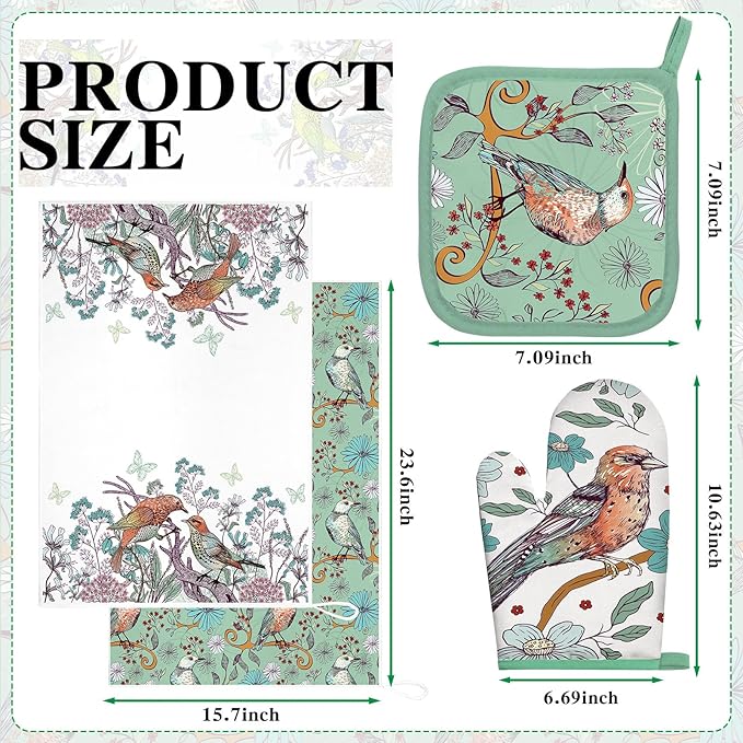 Leinuosen 6 Bird Flower Kitchen Towels Kitchen Decor and Accessories Set Floral Plant Oven Mitts and Pot Holders Sets Farmhouse Absorbent Dish Towels for Cooking Baking Grilling - Image 3