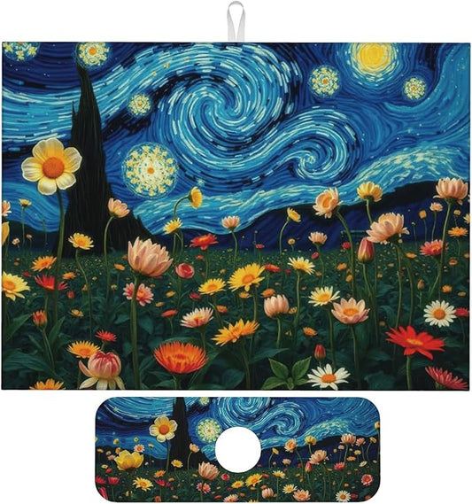Starry Night Flowers Dish Drying Mat for Kitchen Counter, 18"x24" Microfiber Absorbent Fast Dry Mat, 2Pcs Dish Mat Faucet Mats Sets, Large Drying Kitchen Mat Kitchen Drying Pad