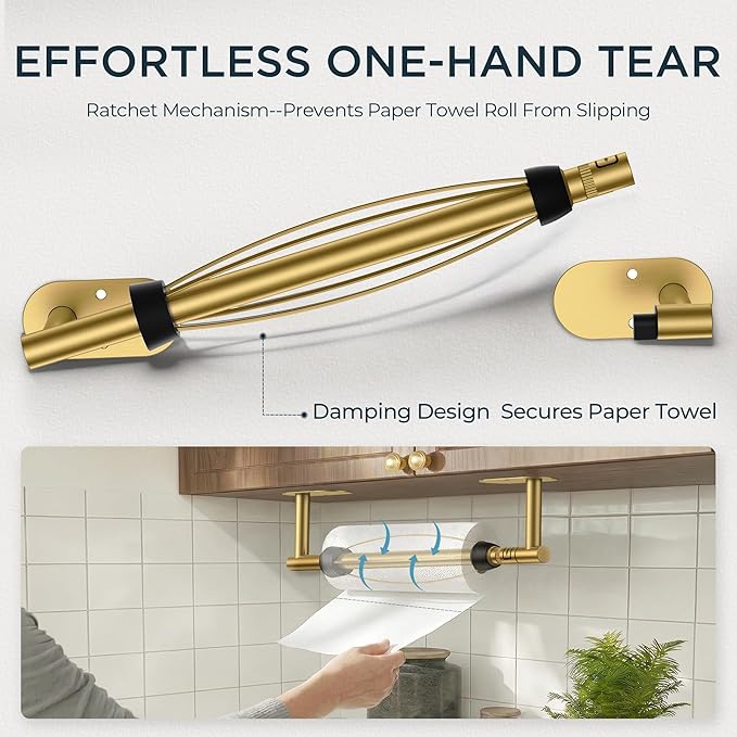 FORIOUS Paper Towel Holder Under Cabinet, One Hand Operable with Ratchet System for Easy Tear, Adhesive or Drill Wall Mount, Stainless Steel for Kitchen Commercial Paper Hand Towel Holders, Gold - Image 2