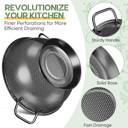 Bokon 3 Pcs Stainless Steel Colander Set Colander Bowl and Sieves 1/3/5 Quart Metal Mesh Strainer Net Basket with Handles Food Spaghetti Strainer for Kitchen Draining Pasta Rinsing(Black)