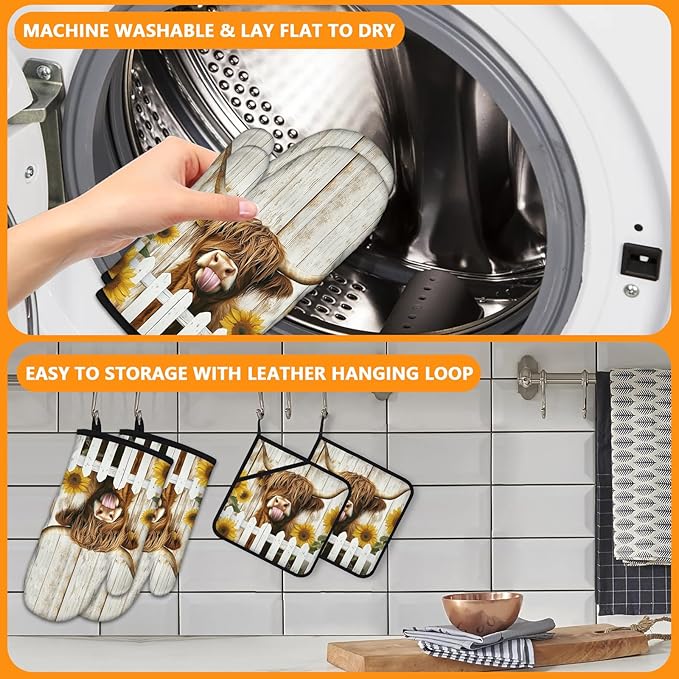 Sunflower Highland Cow Oven Mitts and Pot Holders Sets 4Pcs,Extra Long Oven Gloves Potholder for Kitchen Cooking Baking BBQ 100% Cotton Heat Resistant - Image 5