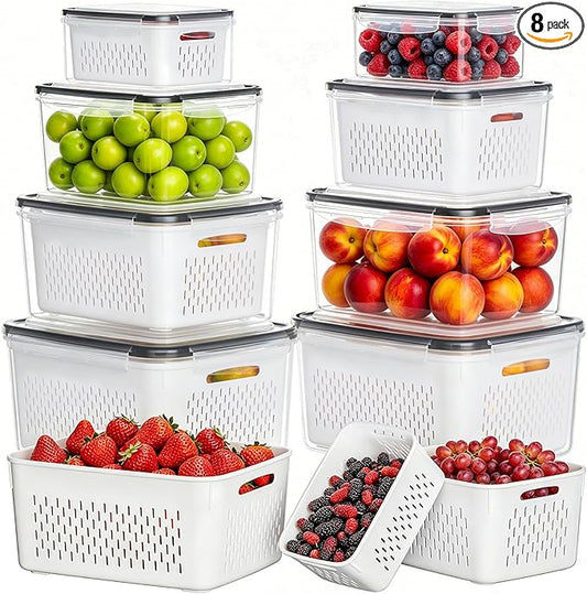 HOMETALL 8 Pack Fruit Storage Containers for Fridge, Produce Containers for Fridge with Colander, Leakproof Fridge Organizers and Storage for Berry Vegetable Salad Lettuce Meat Food