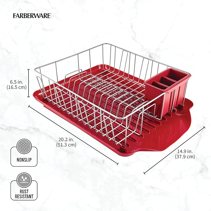 Farberware Classic Large Rust Resistant Full Dishrack with Removable 3 Compartment Flatware Caddy, Andlged Drain Board, 3-Piece, Red - Image 8
