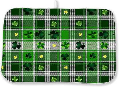 St. Patrick's Day Dish Drying Mat 18 x 24 Inch Green Buffalo Plaid Shamrock Drying Mat for Kitchen Counter Absorbent Spring Gold Green Clover Dishes Dry Pad for Drainer Rack Kitchen Fast Dry