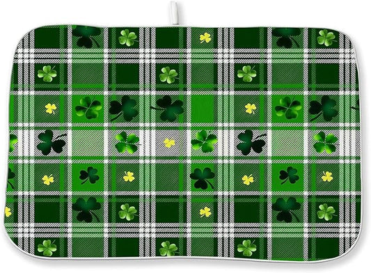 St. Patrick's Day Dish Drying Mat 18 x 24 Inch Green Buffalo Plaid Shamrock Drying Mat for Kitchen Counter Absorbent Spring Gold Green Clover Dishes Dry Pad for Drainer Rack Kitchen Fast Dry