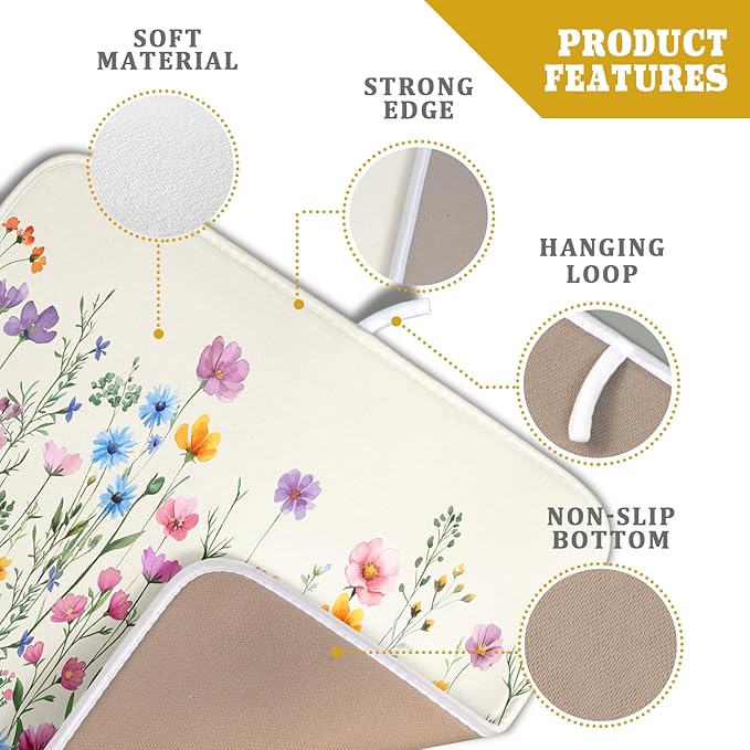 Giwawa Spring Floral Dish Drying Mat 16"x18" Watercolor Summer Wildflower Dish Drainer Mats Herb Flower Reversible Absorbent Dish Drying Pad Decor for Kitchen Countertop Dining Room