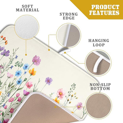Giwawa Spring Floral Dish Drying Mat 16"x18" Watercolor Summer Wildflower Dish Drainer Mats Herb Flower Reversible Absorbent Dish Drying Pad Decor for Kitchen Countertop Dining Room