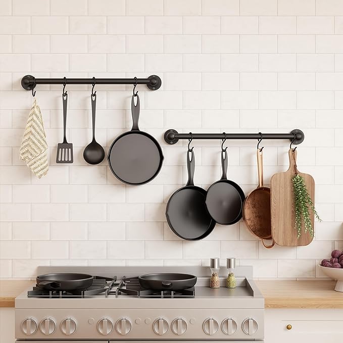 KES 110lb High-Capacity Pot Rack Wall Mounted Set of 2, 16 Inch Pot Hangers for Kitchen with 5 Hooks, 18/8 Stainless Steel Screws & Drilling Template for 16" Stud Mount, Black, KUR228S16-BK-P2 - Image 8