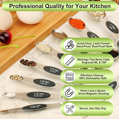 Magnetic Measuring Spoons Set Stainless Steel with Leveler, Dual-Sided Metal Measuring Spoons for Baking & Cooking, Fits in Spice Jars, Must-have Kitchen Gadgets, 8 Measuring Spoons & 1 Leveler, Black - Image 5