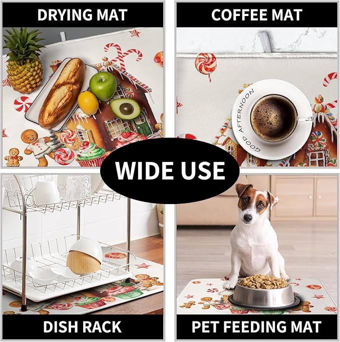Christmas Dish Drying Mat for Kitchen Counter 16x18 Gingerbread House Man Candy Canes Cookie Cake Drying Mat for Dishes Xmas Winter Holiday Microfiber Drying Pad Dish Drying Pad for Coffee Bar Sink - Image 7