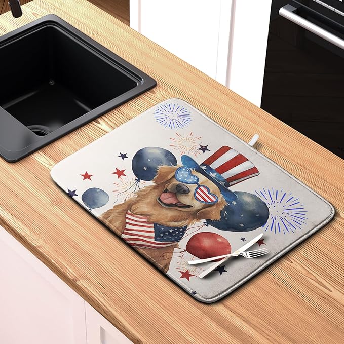 4th of July Patriotic Dog Dish Drying Mat 18 x 24 Inch US Independence Day Blue White Red Kitchen Drying Mat Firework Holiday Dish Drainer Mats Super Absorbent Dish Rack Pad for Kitchen Counter - Image 6