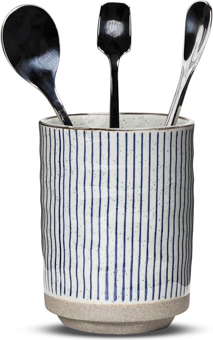 Ceramic Spoon Holder for Coffee Bar, Upright Tea Spoon Holder Cup, Coffee Stirrers Straws Stir Stick Holder, Blue Strips by U-TIMES